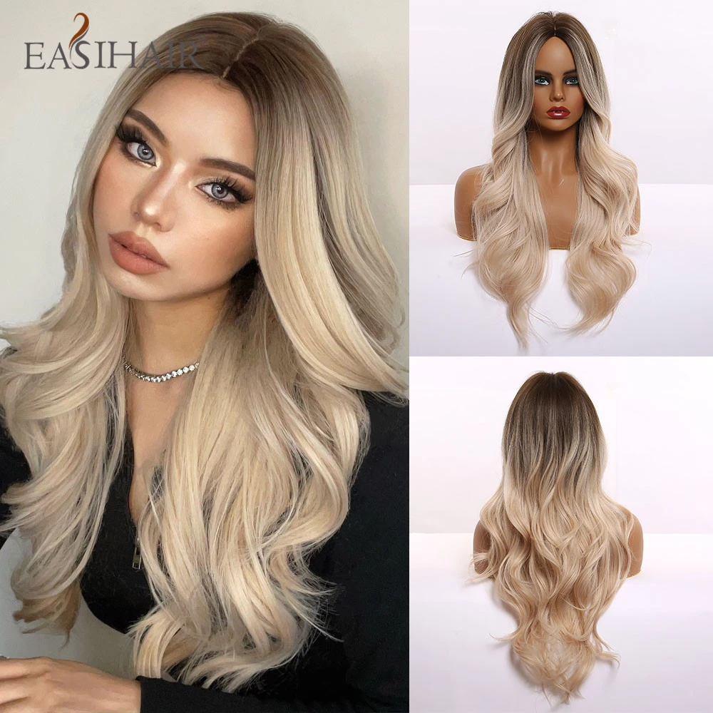 Easihair Ombre Brown Light Blonde Platinum Long Wavy Middle Part Hair Wig Cosplay Natural Heat