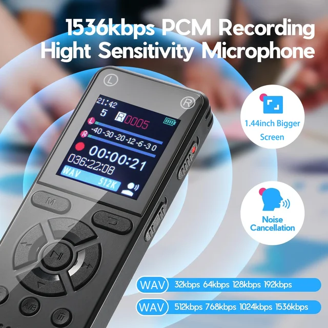 64GB Voice Activated Digital Recorder with Playback – 4552 Hours Audio Storage, 1536Kbps HD Recording, Dual Microphone, MP3 Play