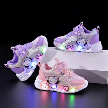 Hello Kitty Led Casual Sneakers for Summer Girls Print Mesh Breathable Shoes Children Lighted Non-Slip Cute Outdoors Sport Shoes 1