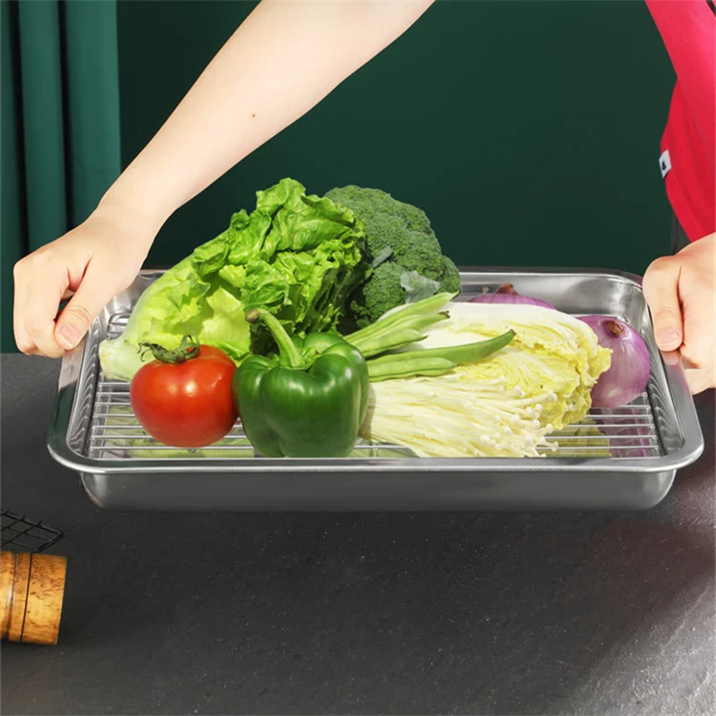 Rectangular Storage Plates Stainless Steel Bakeware with Cooling Rack Kitchen Oven Baking Tray Oil Filter Pan Food Service Trays storage box storage tray kitchen tray