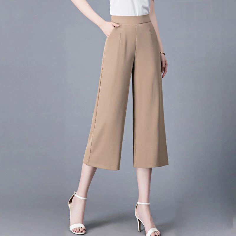 Summer Thin Ice Silk Chiffon Versatile Loose Wide Leg Pants Women's Solid Elastic High Waist Pockets Versatile Straight Trousers