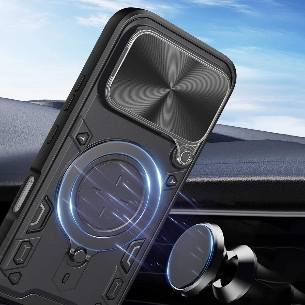 Ultimate Slide Camera Lens Protection Phone Case with Magnetic Ring Holder - Shockproof & Stylish
