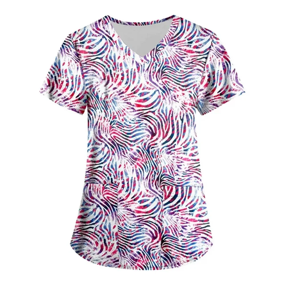 Women\'s T-Shirt Slim Floral Print Top V-Neck Female Veterinary Nurse Uniform Short-Sleeved Double Pocket Stretch V Neck Scrub