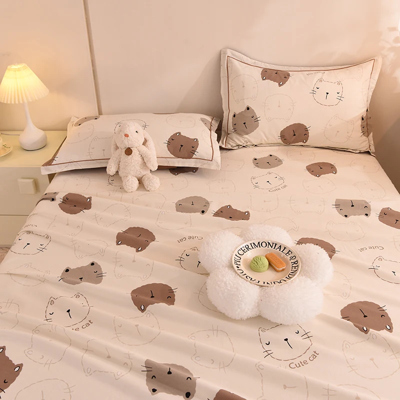 3pcs Cartoon Cat Theme Cotton Bed Sheet Set, Cute Animal Queen Thickened Bedding with 2 Pillowcases, Adult Bedroom King Sheets - Image 3