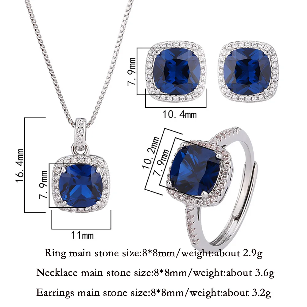 Vintage Square 8*8mm Sapphire Gemstone Necklace Pendant Ring