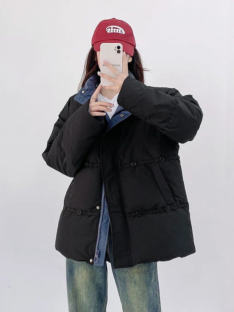 Contrast Color Fashion Thickening Stand Collar White Duck down Bread Coat Winter Coat Short down Jacket for Women