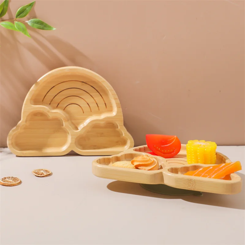 Baby Wooden Tableware Set Could Bamboo Wooden Plate Bowl Silicone Suction Wooden Handle Fork Spoon for Children Feeding Supplies 2