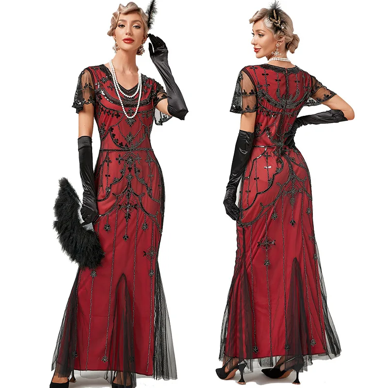open lace back dress Red chiffon Great Gatsby dress with tiered skirt – LaVieDelight main image 0