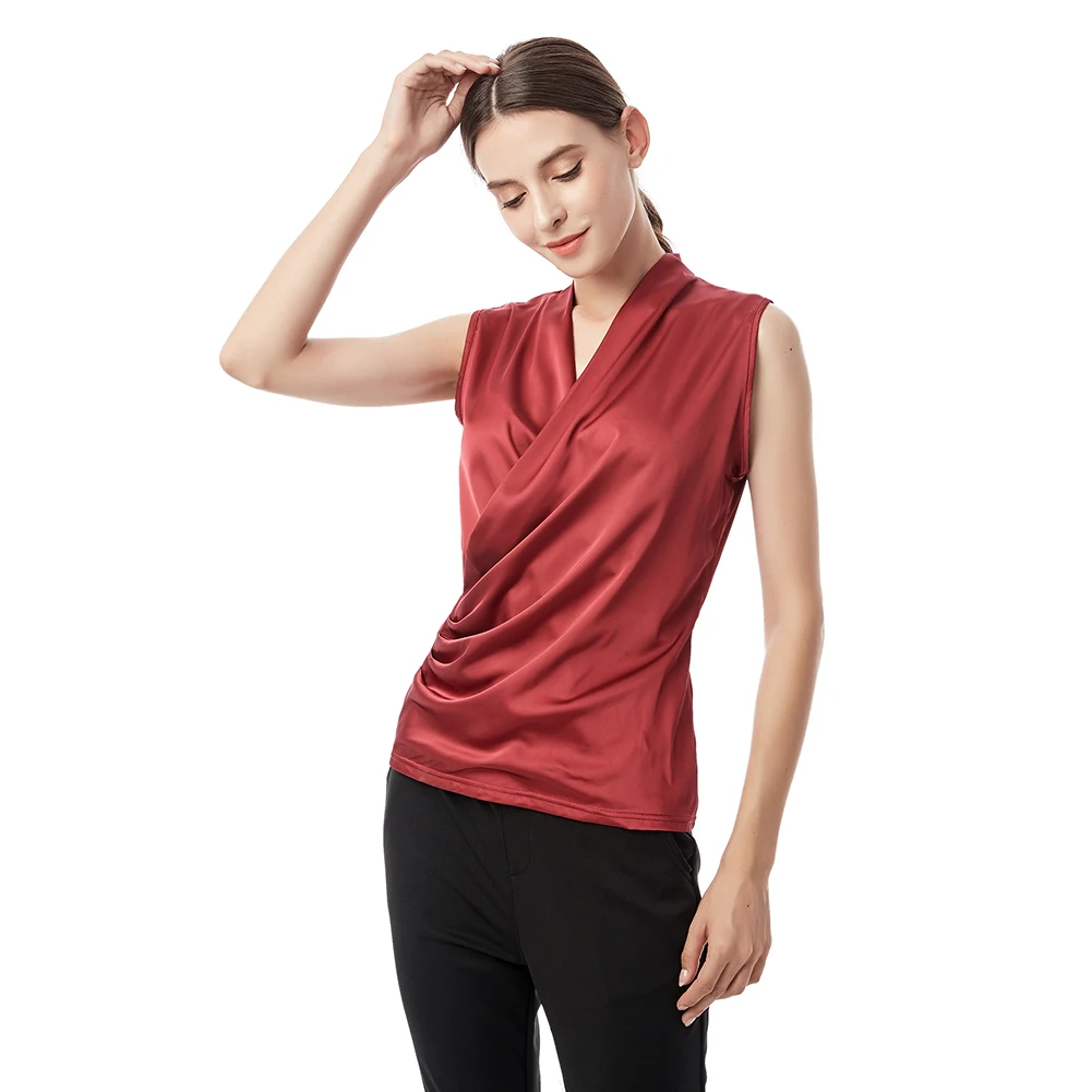 New Smooth Satin Female Sleeveless Blouse V-neck Top Slim Fit Outside Shirts