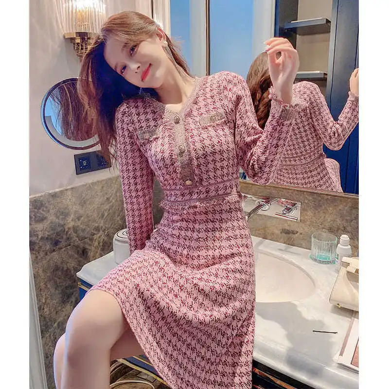 

Fall Winter Korean Houndstooth Tassel Sweater Women's V-neck High End Elegant Female Luxury Bodycon Knitted Dress Vestido U1467