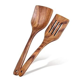 2Pcs Wooden Spatula Acacia Wood Long Handle Flat Frying Turner Spatulas Nonstick Cooking Utensils Cooking Tools Kitchen Supplies