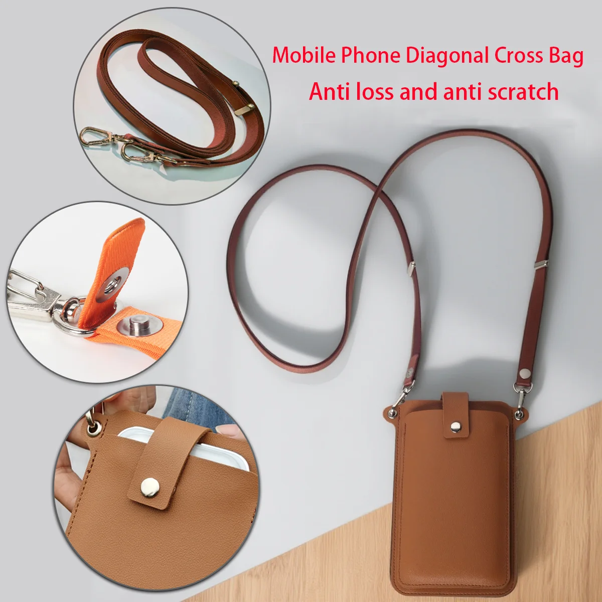 Elegant Leather Crossbody Phone Bag with Adjustable Strap - Anti-Lost & Anti-Scratch Design