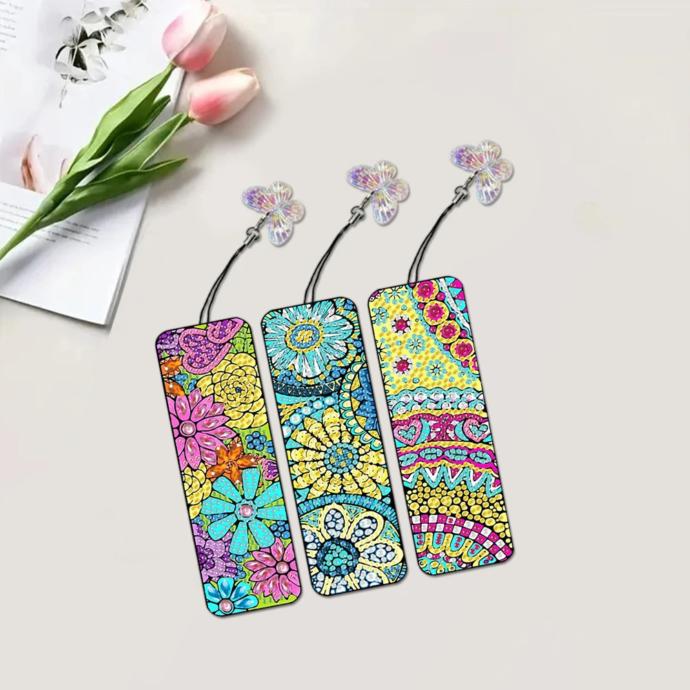 3Pcs Special Shaped Flower Pattern Diamond Bookmark Art Project DIY Diamond Bookmark with Crystal Pendant for Reading Day Gift