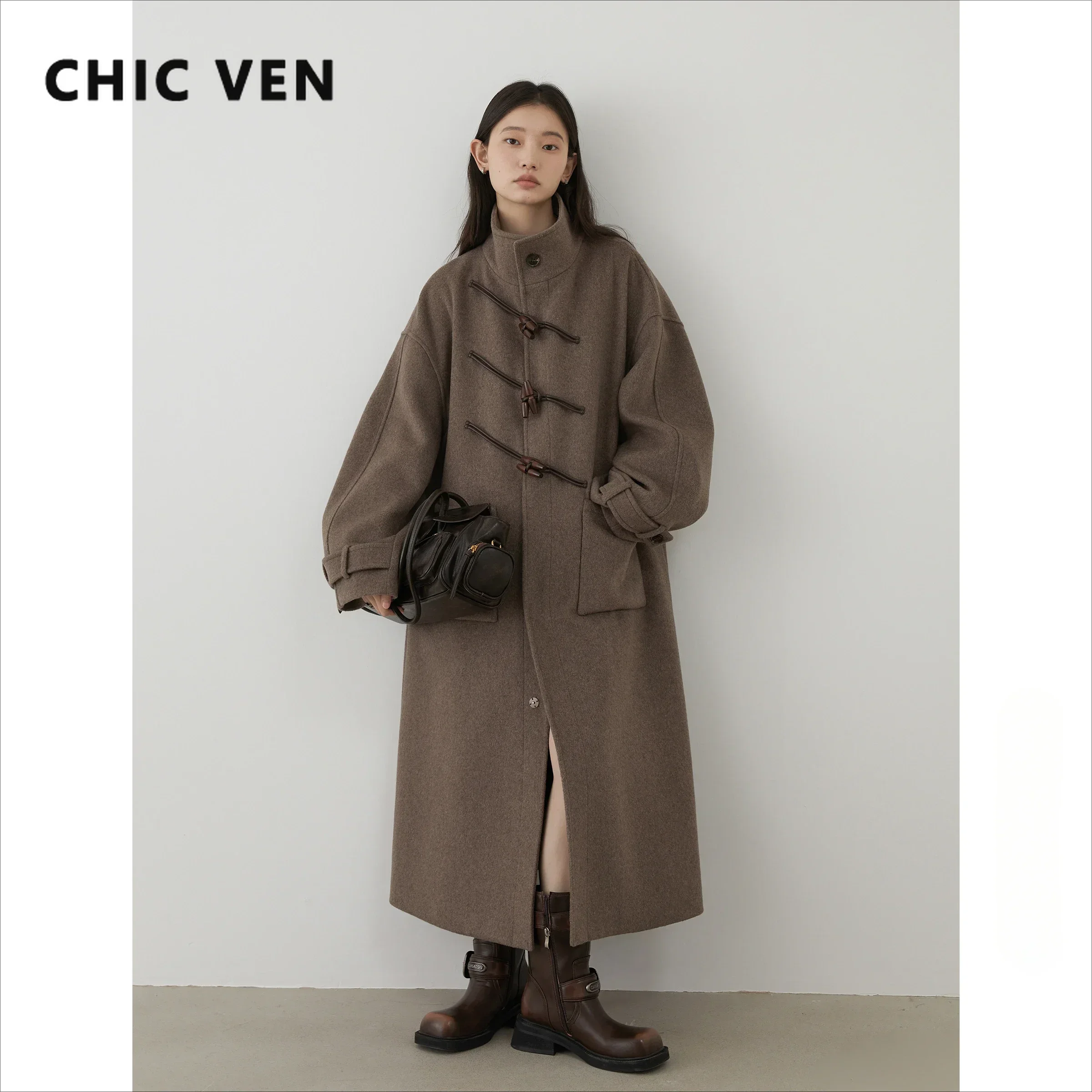 CHIC VEN Women Long Woolen Coats Single Breasted Loose Stand Collar Cow Horn Buttoned Office Ladies Overcoat Autumn Winter 2026