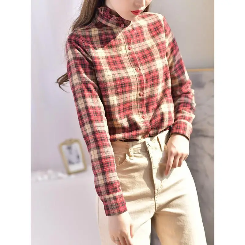 

2023 New Retro Stand Collar Long Sleeve Blouses for Women Brushed Plaid Shirt Women's Autumn Winter Thickening Shirt Mujer