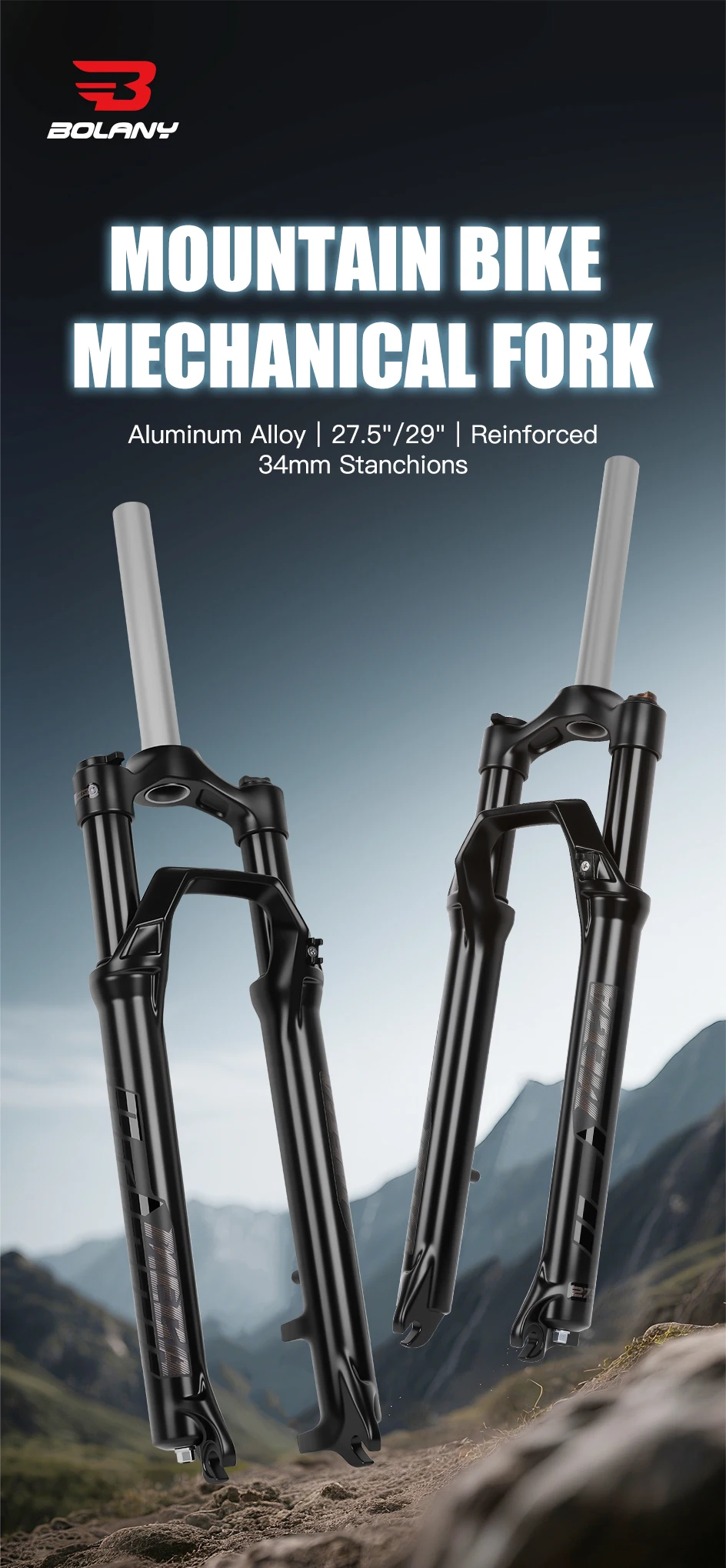 Description Picture 2 of itemBOLANY 27.5/29 Inch Mountain Bike Spring Fork MTB Suspension Fork Lock Shock 100mm Travel Aluminum Alloy Bicycle Suspension Fork
