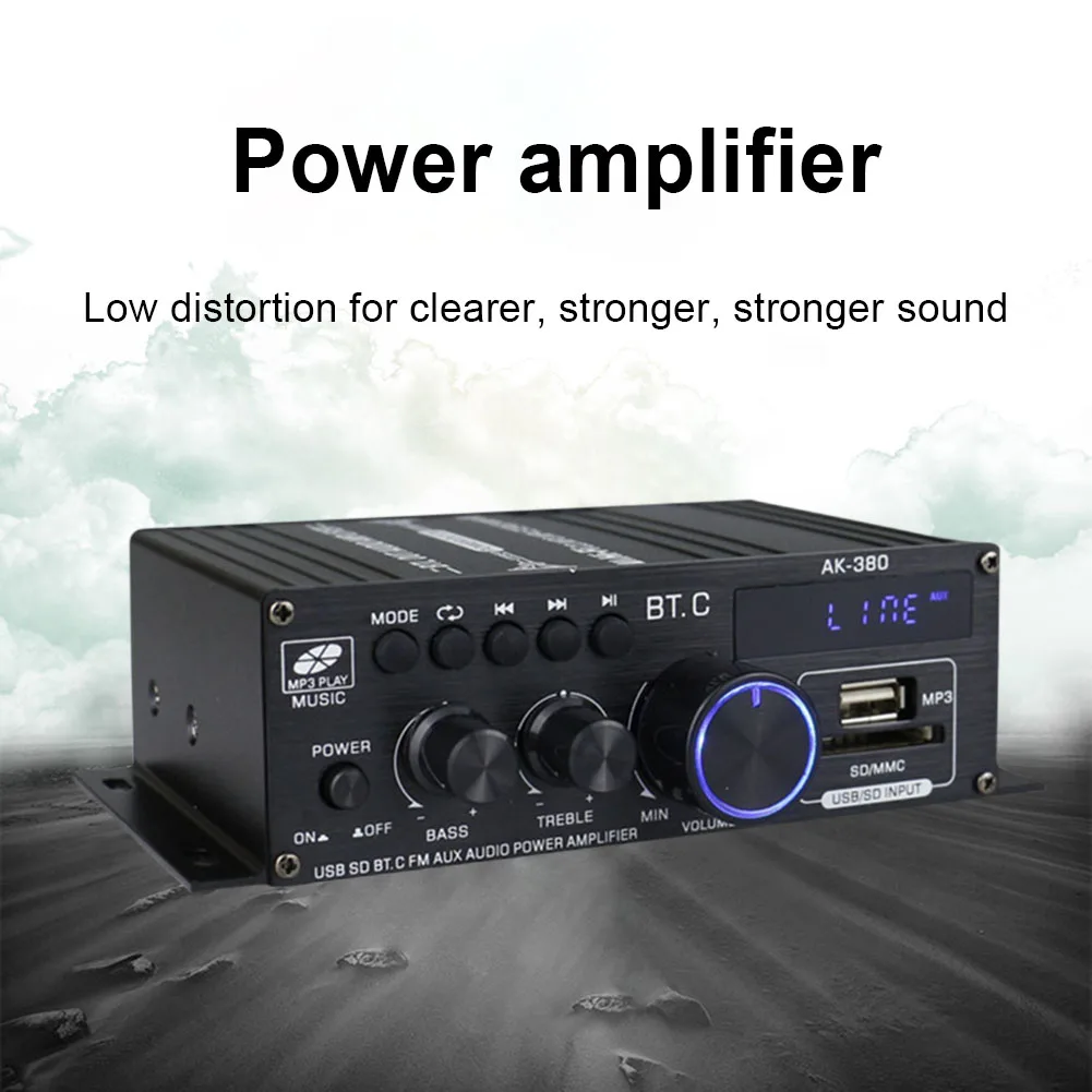 AK-380 가정용 자동차 전력 증폭기, 2 채널 블루투스 5.0 오디오 디지털 증폭기, FM USB 리모컨 HIFI 스테레오 서브우퍼, 800W
