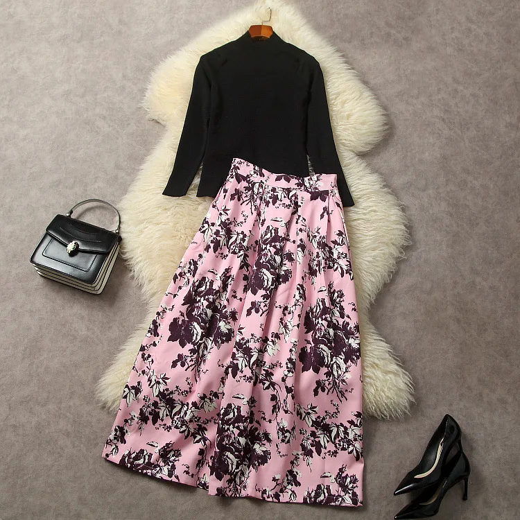 

European and American women's dress 2023 winter new Long sleeve knit sweater Printed pleated pink skirt Fashion suit XXL