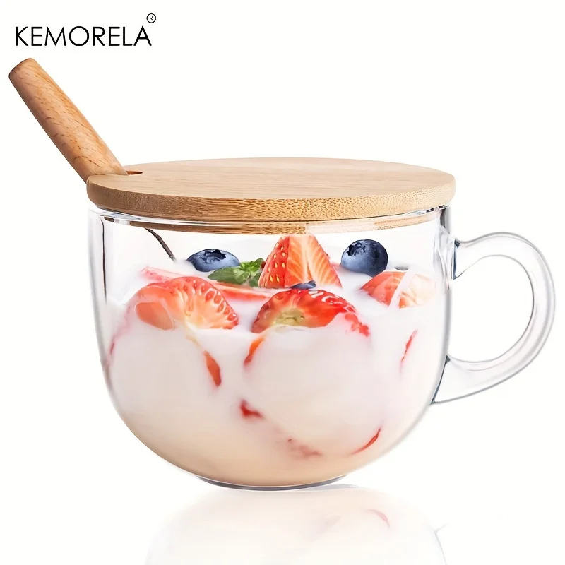 KEMORELA Overnight Oats Cup with Lid and Spoon 400ML Glass Coffee Mug Breakfast Oatmeal Cup Clear Glass Mug For Milk Oatmeal