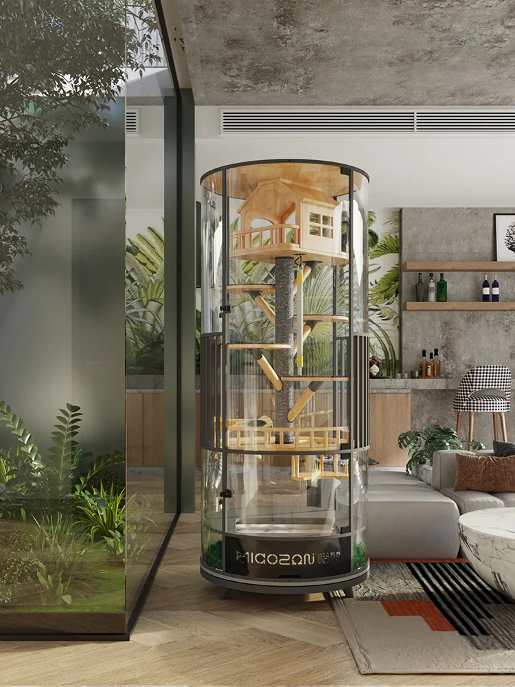 

Cat Cage Villa & Solid Wood Luxury Panoramic Display Cabinet, Cat Litter, Glass House with Toilet Horizontal Sliding