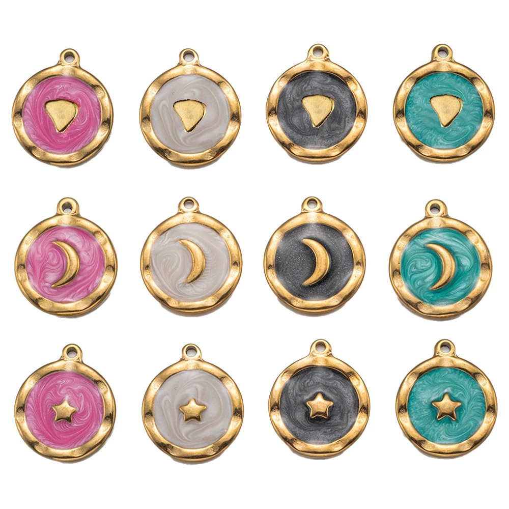 5 Stück Gold Edelstahl Emaille Rosa Herz Mond Stern Runde Charm Anhänger für DIY Ohrringe Halskette Schmuckherstellung Zubehör – Detail 1