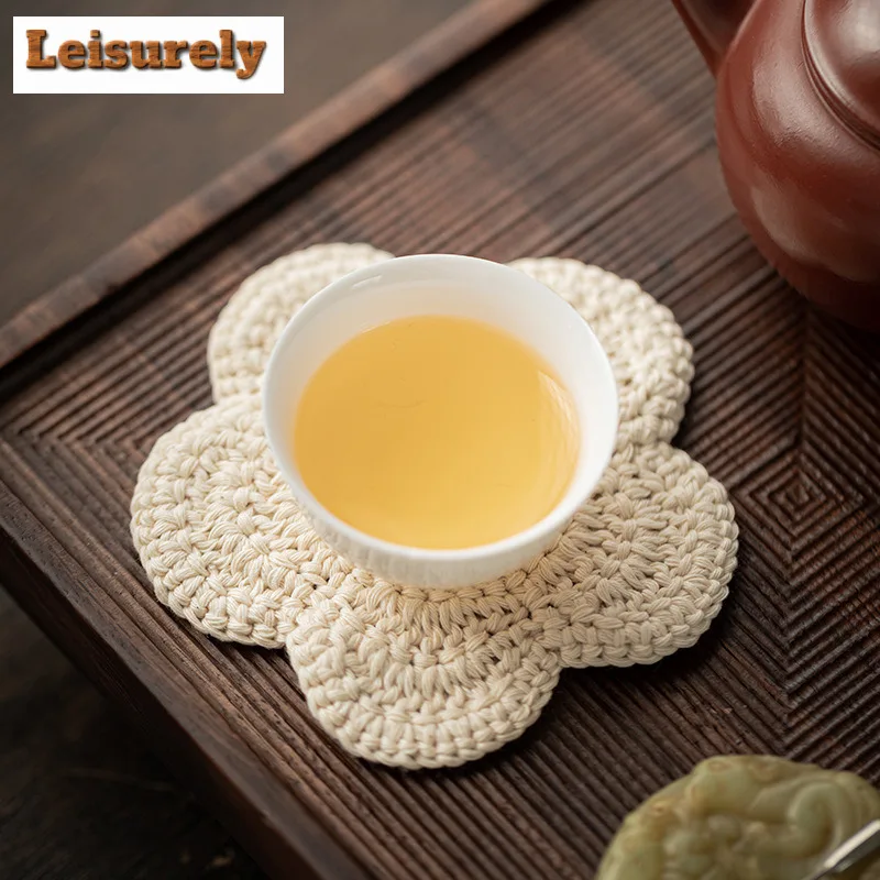 1pc Off-white Sashiko Embroidered Coasters Luxury Mug Plate for Coffee Cups Saucer Heat Insulation Placemats Teacup Base Teaset