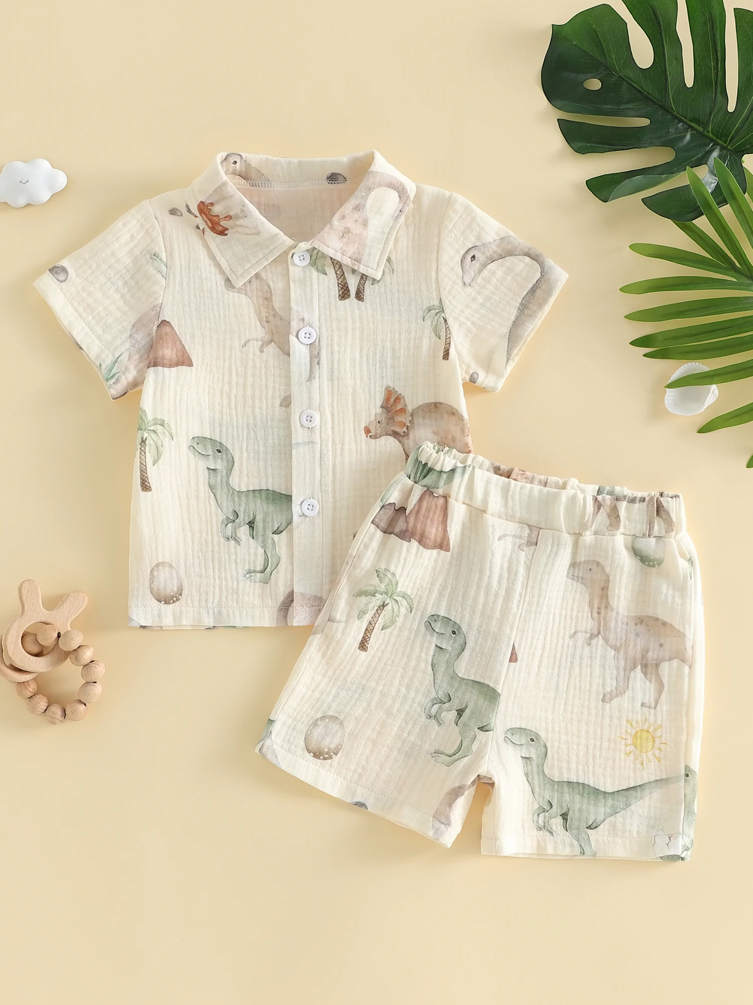 Sommer-Outfit für Kleinkinder, Dinosaurier-/Blatt-/Kokosnussbaum-Druck, Hemd mit Knopfleiste, Kragen, kurzen Ärmeln und Shorts, 2-teiliges Set – Detail 3