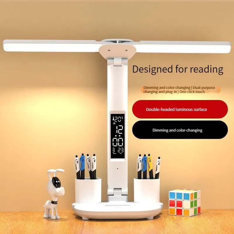 LED Clock Desk Lamp USB Rechargeable/Plug-In Dimmable Desk Lamp 2Heads 180 Rotatable Foldable Eye Protection Reading Night Light 2