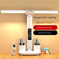 LED Clock Desk Lamp USB Rechargeable/Plug-In Dimmable Desk Lamp 2Heads 180 Rotatable Foldable Eye Protection Reading Night Light 2