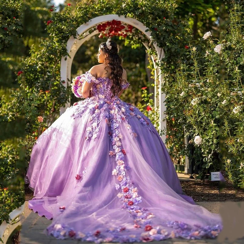 

Luxury Lavender Lace 3DFlower Quinceanera Dresses Ball Gown Off Shoulder Party Dress Graduation Gown Lace- Up Vestido De Xv