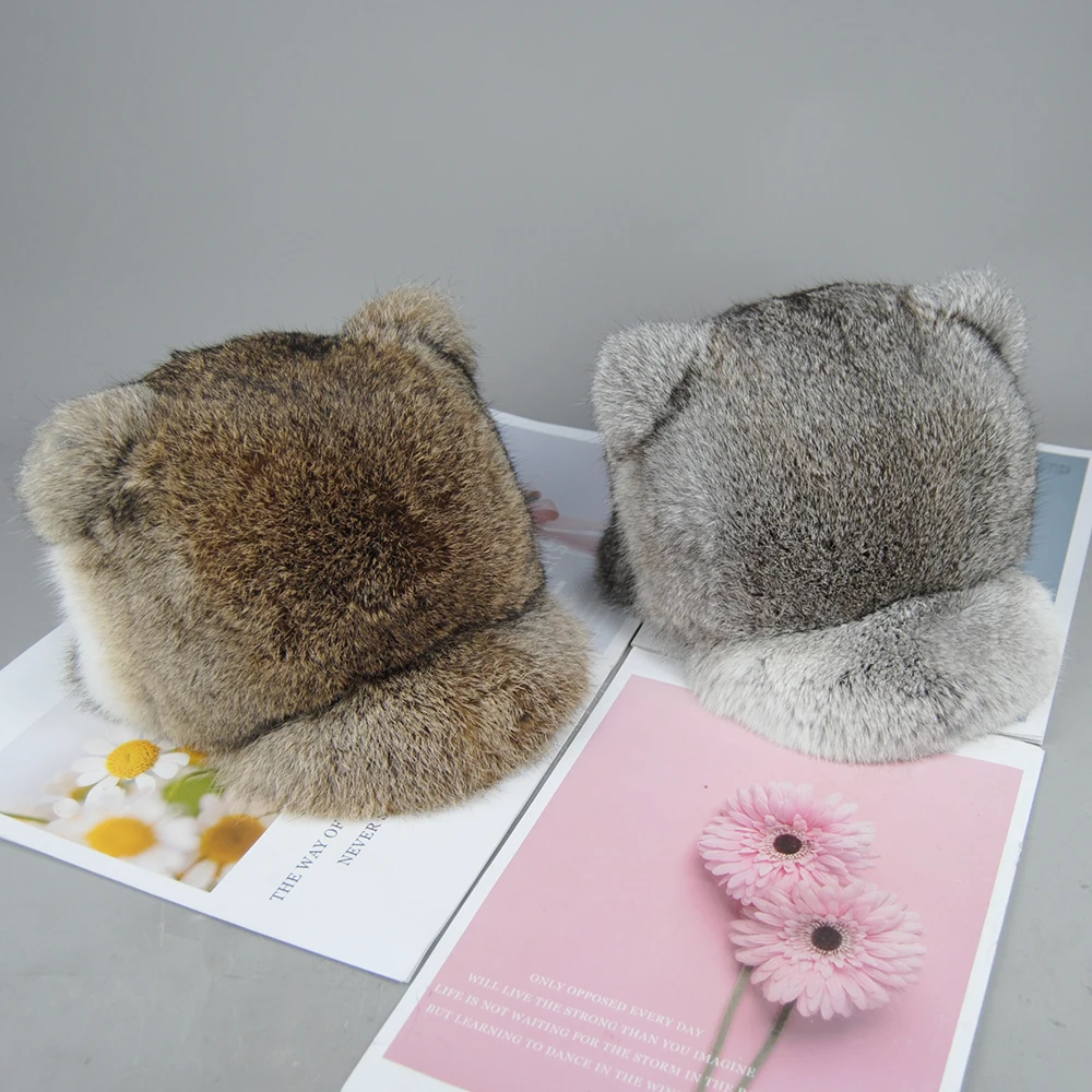 Mink Fur Hat Rabbit Fur Hats for Women Winter Warm Solid Genuine Luxury Fur Cap with Tail Cute Girls Cat Hats