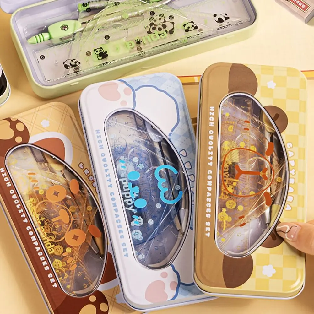Cartoon Capybara/Panda/Puppy Transparent Ruler Set Pencil Compass Protractor Eraser Set Students Drawing Measuring Tools 7PCS