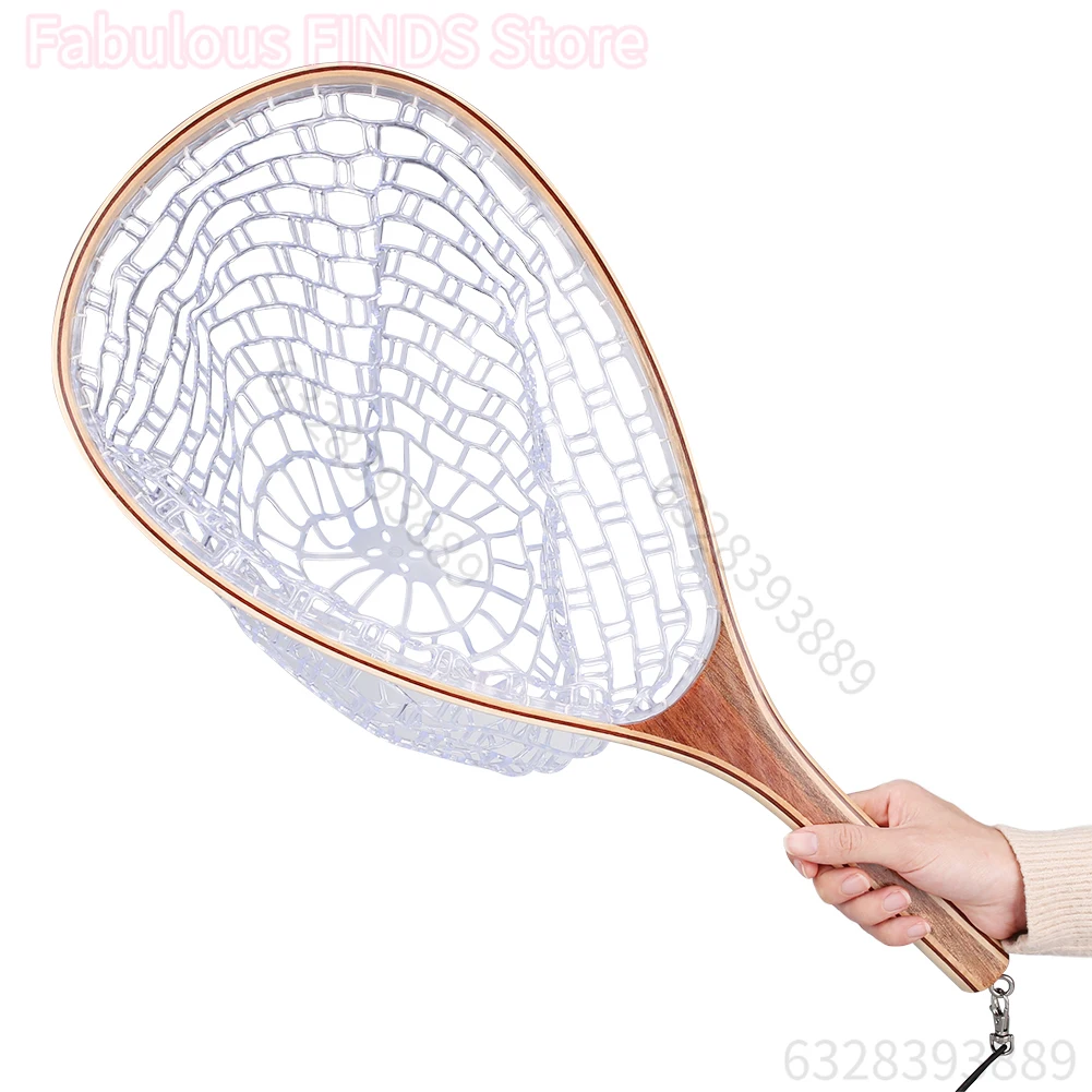Fly Fishing Landing Nets Wooden Handle Transparent Rubber/Nylon Mesh Trout Mesh 