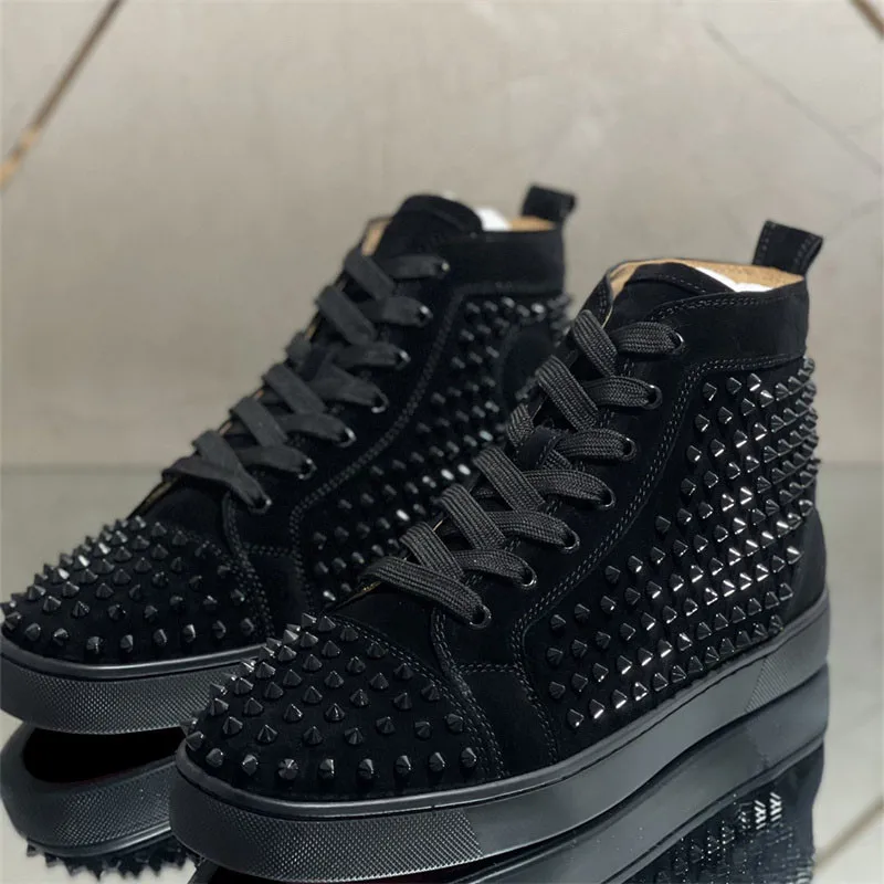 

Luxury Brands Black Leisure Leather Red Bottoms High Top Full Rivets Tennis Shoes For Mens Flats Loafers Women's Spiked Sneakers