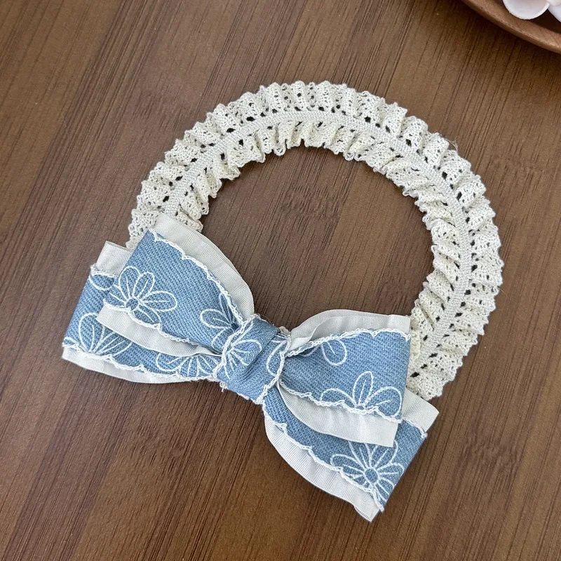 꽃무늬 장식이 있는 한국 스타일 데님 리본  머리띠 - 부드럽고 귀여운 공주님 헤어 액세서리, 두개골을 보호합니다
