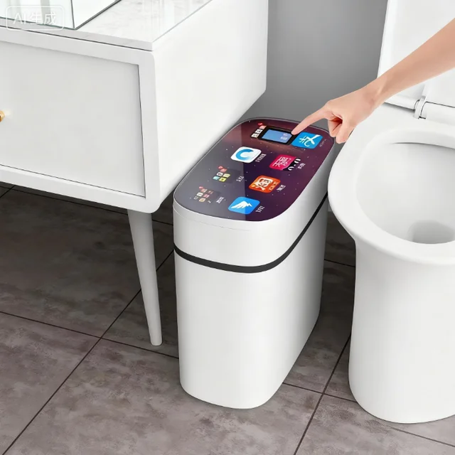 ถังขยะอัตโนมัติอัจฉริยะแบบเหนี่ยวนำอเนกประสงค์สำหรับห้องนั่งเล่นในบ้าน สไตล์หรูหราเบาๆ พร้อมระบบไฟฟ้าสำหรับห้องน้ำ 1