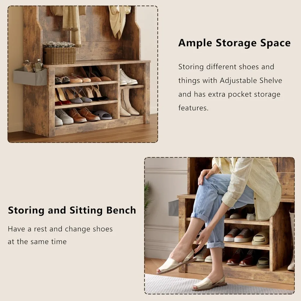 entryway hall tree with bench and storage, 3-in-1 hall tree with coat rack, adjustable shoe bench, 2-tier top storage, for hall