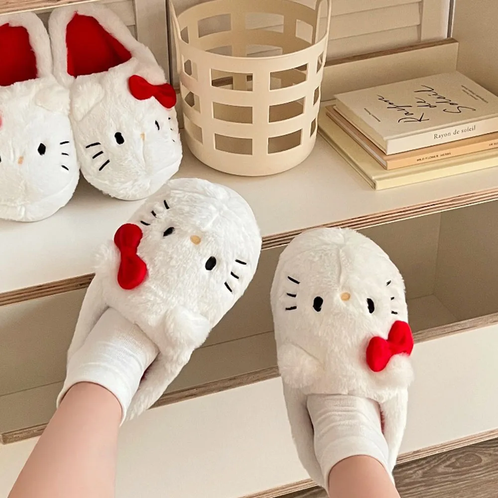Cute Sanrio Kawaii Hello Kitty Women Girls Home Slippers Winter New Sweet Girl Heart Non-Slip Indoor Cotton Fashion Warm Shoes