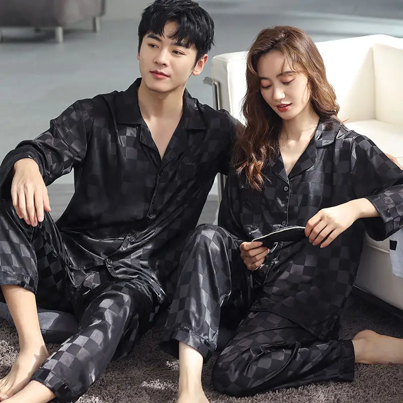 Couple Pajama Sets For Mens Plaid Designer Loungewear Nightwear Long Sleeve Sleep Trousers Thin Silk Satin Pajamas Men Sleepwear mens cotton pajama bottoms