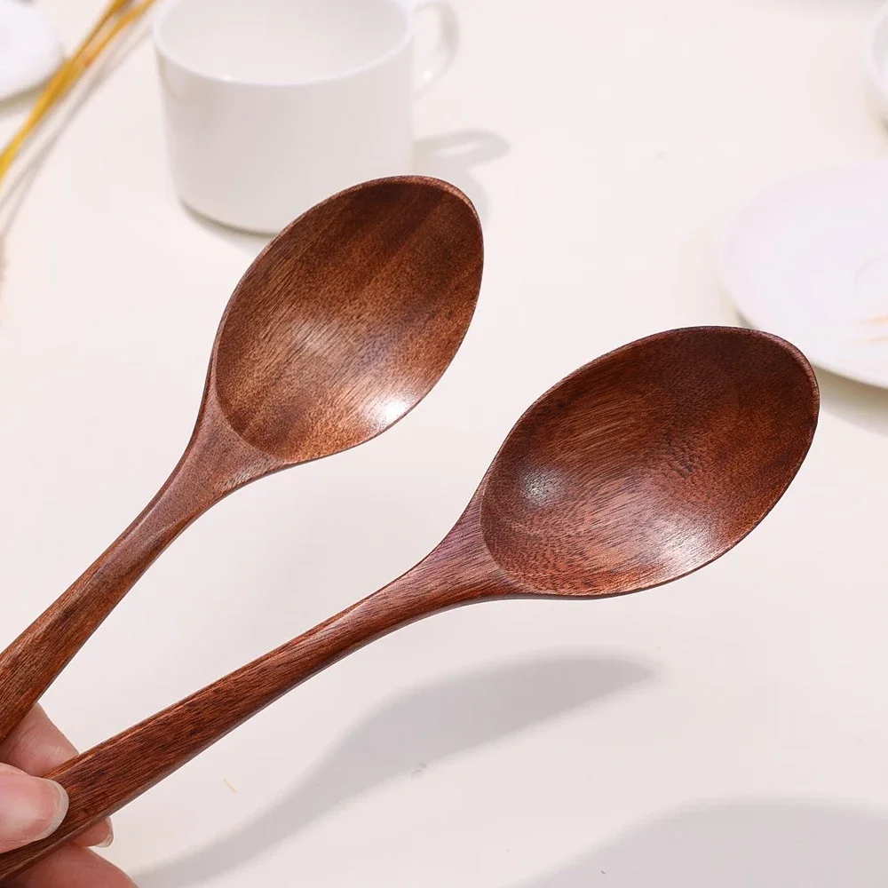 Wooden Tea Spoons Long-handle Soup Scoop Ellipse Ladle Sets Kitchen Spice Honey Coffee Stir Spoons Home Tableware Supply 1-12PCS cutlery set