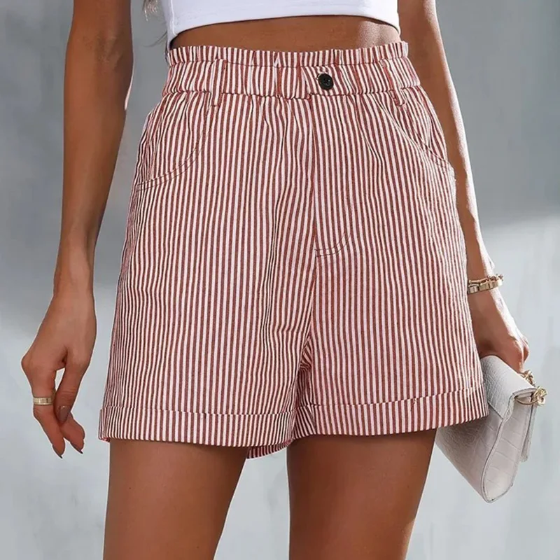 Casual Pockets Striped Printing Shorts 2023 New Fashion Summer Clothes for Women Elastic Waist Patchwork Button Straight Pants