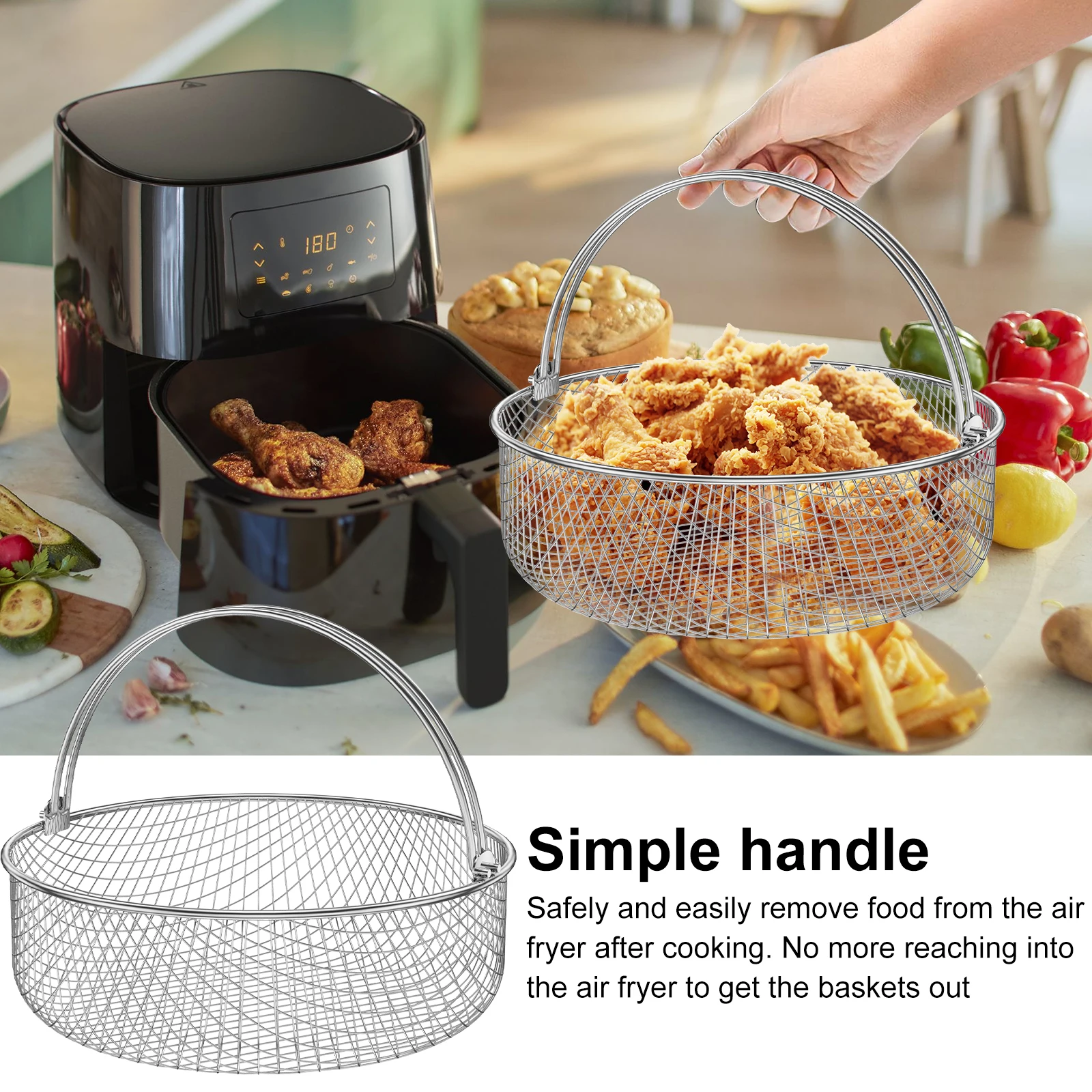 Air Fryer Mesh Basket Stainless Steel Air Fryer Steamer Basket With Handle Metal Crisper For Home Kitchen