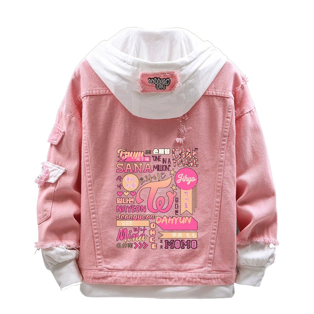 

Kpop Twice Women Denim Jackets Pink Jeans Hoodies Cartoon Hooded Sweatshirt Momo Sana Harajuku Streetwear Plus Size Couple Coats