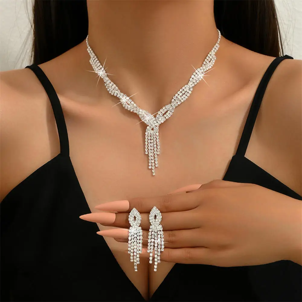 JWICOS Bride Wedding Necklace & Earrings Set - Crystal Rhinestone Teardrop Pendant For Women & Bridesmaids