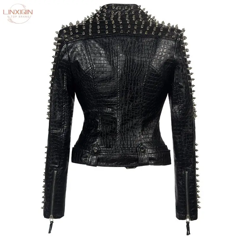 

SX Occident Fashion Women Club Hot Style Stud Slim Fit Jacket Shoulder Rivets Zip Stitching Short PU Leather Rock Coat