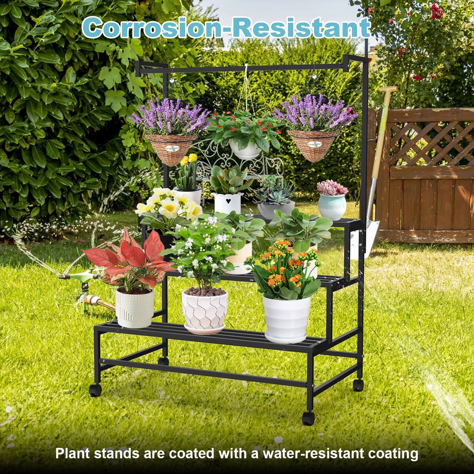 Plant Stand 3-tier Ladder Hanging Shelf Holder Storage Pot Rack With Wheels For Living Room Garden