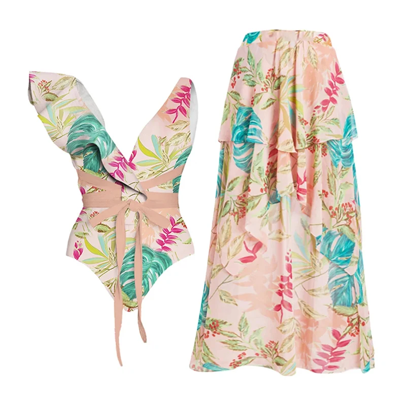 

Women Ruffled Asymmetry Swimwear Summer One Piece V Neck Swimsuit Sexy Backless Beach Swimming Costume Fashion Bikini Cover Up