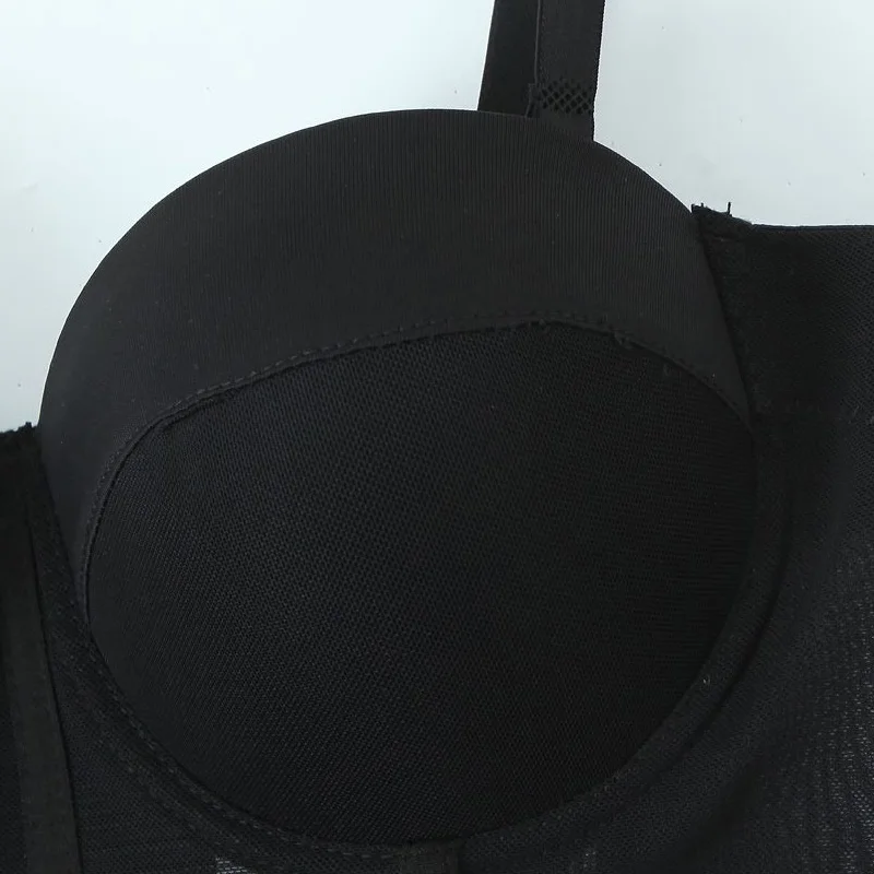 Women's Plus Size Stretch Mesh Boned Built-in Bra Cami Top Sexy Back Design With Adjustable Straps For Casual Wear (Black/White)