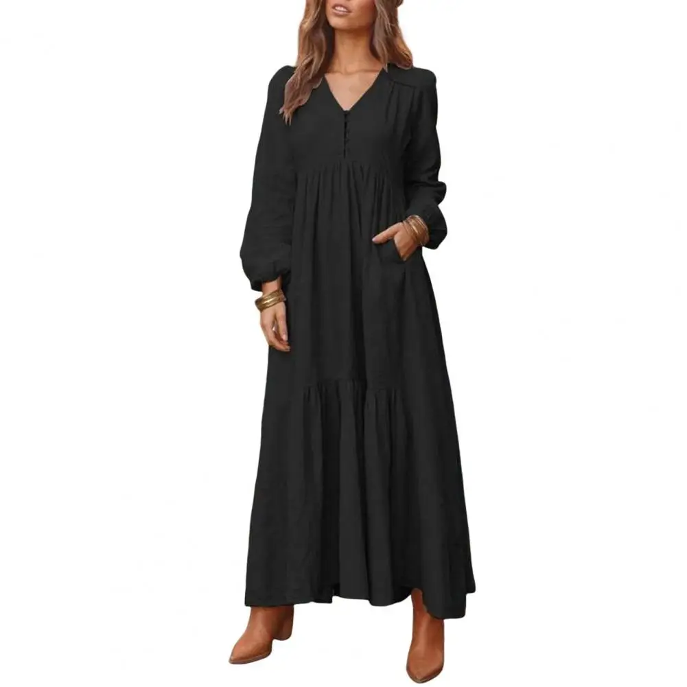 

Comfortable Loose Fit Dress Stylish Women's Casual Maxi Dress with V-neck A-line Pleated Design for Work Street for Effortless