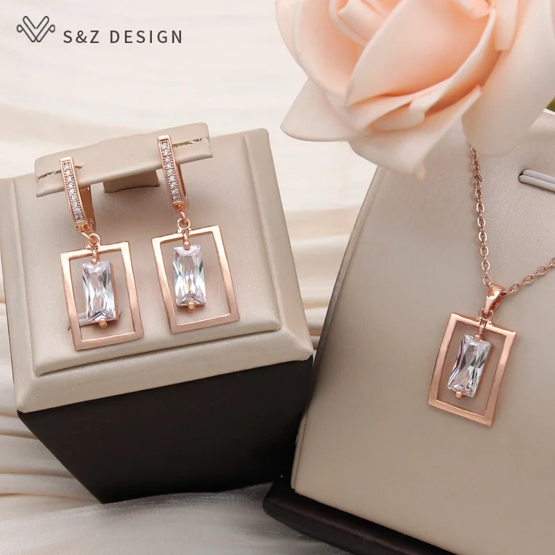 S&Z DESIGN New Fashion Temperament 585 Rose Gold Color Rectangle Cubic Zirconia Pendant Necklace For Women Trendy Fine Jewelry